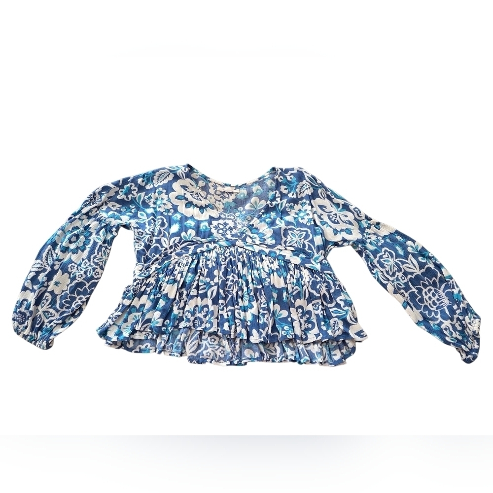 O'Neill Blue White Floral Boho Peplum V-Neck Cropped Blouse Medium - Picture 6 of 11